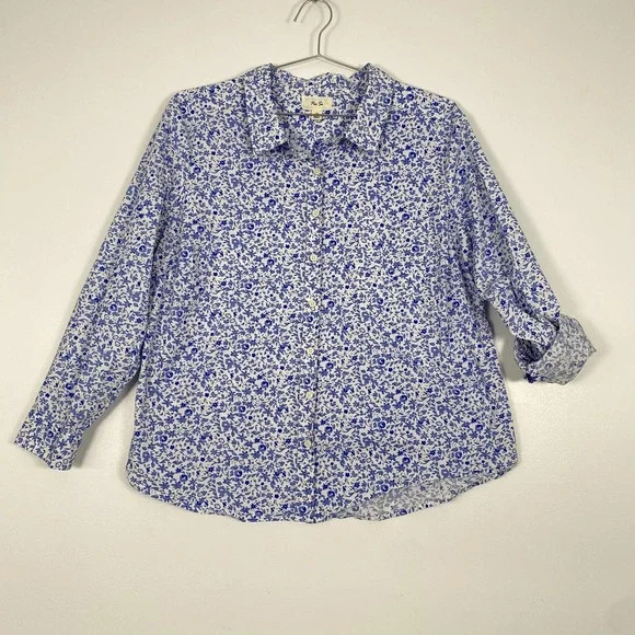 Per Se Shirt Womens 1X Blue White Floral Button Front Long Sleeve Cotton Top - Picture 4 of 13